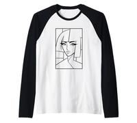 Linea Astratta Viso Arte Ritratto Minimalista in Bianco e Nero Maglia con Maniche Raglan