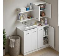 Linea Azzurra Composizione Laundry 132 cm con Lavatoio 2 Ante Base 2 Ante Pensile e 2 Mensole Made in Italy Mobile Lavanderia Completo Salvaspazio Profondità 50 cm (Bianco)
