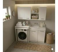 Linea Azzurra Composizione Laundry 154 cm con Coprilavatrice Lavatoio 1 Anta Base 1 Anta Pensile 2 Ante Pensile 1 Anta e Mensole Made in Italy Mobile Lavanderia Completo (Bianco)