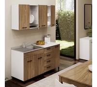 Linea Azzurra Cucina Completa Componibile in Legno Made in Italy con 1x Sottolavello, 1x Lavello con Vasca a Destra, 1x Miscelatore, 1x Cassettiera, 1x Base, 1x Colapiatto e 1x Pensile (Noce Naturale)