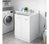 Linea Azzurra Lavatoio con Mobile a 2 Ante in Legno 61x86x50cm Made in Italy Bianco Frasinato per Esterno e da Interno per Lavanderia Lavapanni Moderno ed Elegante