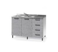 Linea Azzurra Sottolavello 120 Solo Mobile Cucina con 4 Cassetti e 2 Ante in Legno Made in Italy H85xL120xP50 cm Facile da Montare (Vasca a Sinistra, Cemento)