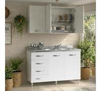 Linea Azzurra Sottolavello Cucina 120 Completo con Pensile 40, Colapiatto, Lavello e Miscelatore Cucina con 4 Cassetti e 2 Ante in Legno Made in Italy H85xL120xP50 cm (Bianco, Vasca a Destra)