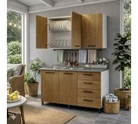 Linea Azzurra Sottolavello Cucina 120 Completo con Pensile 40, Colapiatto, Lavello e Miscelatore Cucina con 4 Cassetti e 2 Ante in Legno Made in Italy H85xL120xP50 cm (Noce Naturale, Vasca a Sinistra)