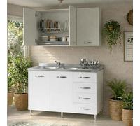 Linea Azzurra Sottolavello Cucina 120 Completo con Pensile 40, Colapiatto, Lavello e Miscelatore Cucina con 4 Cassetti e 2 Ante in Legno Made in Italy H85xL120xP50 cm (Bianco, Vasca a Sinistra)