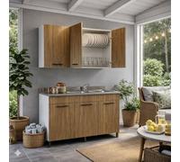 Linea Azzurra Sottolavello Cucina 120 Completo con Pensile 40, Colapiatto, Lavello e Miscelatore Mobile 3 Ante in Legno Made in Italy H85xL120xP50cm (Noce Naturale, Vasca a Destra)