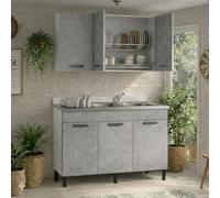Linea Azzurra Sottolavello Cucina 120 Completo con Pensile 40, Colapiatto, Lavello e Miscelatore Mobile 3 Ante in Legno Made in Italy H85xL120xP50cm (Cemento, Vasca a Destra)