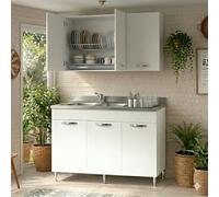 Linea Azzurra Sottolavello Cucina 120 Completo con Pensile 40, Colapiatto, Lavello e Miscelatore Mobile 3 Ante in Legno Made in Italy H85xL120xP50cm (Bianco, Vasca a Sinistra)