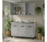 Linea Azzurra Sottolavello Cucina 120 Completo con Pensile 40, Colapiatto, Lavello e Miscelatore Mobile 3 Ante in Legno Made in Italy H85xL120xP50cm (Cemento, Vasca a Sinistra)