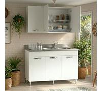Linea Azzurra Sottolavello Cucina 120 Completo con Pensile 40, Colapiatto, Lavello e Miscelatore Mobile 3 Ante in Legno Made in Italy H85xL120xP50cm (Bianco, Vasca a Destra)