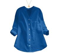Linen Cotton Casual Loose Shirt - Womens Button Up Long Sleeve Tops Casual Loose Blouse with Pocket (Light Blue,XL)