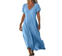 Linen Dresses for Women 2025 New Casual Summer Short Sleeve V Neck Cotton Gauze Loose Fit Dress Vacation Beach Sundress (Blue,L)