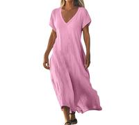 Linen Dresses for Women 2025 New Casual Summer Short Sleeve V Neck Cotton Gauze Loose Fit Dress Vacation Beach Sundress (Pink,L)