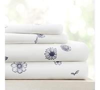 Linen Market Double-Brushed Patterned Microfiber King Sheet Set 4 Piece - Oeko-TEX Certified Ultra Soft & Wrinkle-Free - 16" Deep Pocket Sheets - Easy Care King Size - Indigo Flowers Navy