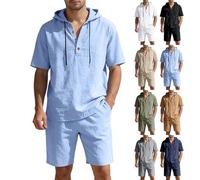 Linen Outfits - Completo da uomo per il tempo libero, 2 pezzi, a maniche corte, con cappuccio, maglietta e pantaloncini in lino, per il tempo libero, spiaggia, jogging
