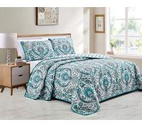 Linen Plus Set copriletto trapuntato, turchese, grigio antracite, bianco, nuovo # Lori (king size)