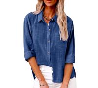 Linen Shirts for Women Summer,Casual Long Sleeve Shirts Solid Color Cotton Linen Tops (Dark Blue,XL)