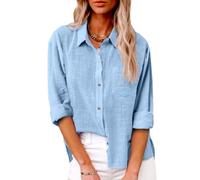 Linen Shirts for Women Summer,Casual Long Sleeve Shirts Solid Color Cotton Linen Tops (Light Blue,M)