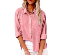 Linen Shirts for Women Summer,Casual Long Sleeve Shirts Solid Color Cotton Linen Tops (Light Pink,M)