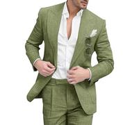 Linen Suit for Men Linen 2 Piece Regular Fit Blazer Suit Set One Button Tuxedo Solid Jacket And Pants for Prom Dark Green 6X Large