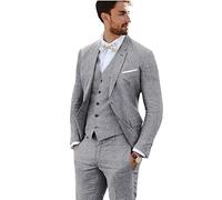 Linen Suits for Men 3-Piece Casual Summer Beach Wedding Suits Retro Slim Fit Tuxedo Groom Tux Blazer Vest & Pants Gray-S