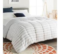 Linenspa Trapunta in microfibra ipoallergenica reversibile con inserto alternativo alla piuma, per tutte le stagioni, con cuciture a scatola e 8 passanti, per letto King, righe, grigio chiaro/bianco