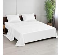 LINENWALAS Set di biancheria da letto in bambù, 4 pezzi, lenzuola rinfrescanti in seta vegana, con 1 lenzuolo con angoli, 1 lenzuolo piano e 2 federe (matrimoniale, bianco)