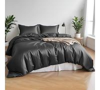 LINENWALAS Set di biancheria da letto in bambù naturale al 100%, 4 pezzi, con bordo plissettato di design, ideale per la cura della pelle, 1 lenzuolo con angoli e 2 federe (king, grigio)
