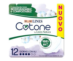Lines Cotone by Lines Natura con Ali, 12 assorbenti in cotone per il giorno, Biodegradabile e Compostabile. Filtrante 100% cotone Bio delicato sulla pelle.
