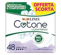 Lines Cotone by Lines Natura con Ali, 48 assorbenti in cotone per il giorno, Biodegradabile e Compostabile. Filtrante 100% cotone Bio delicato sulla pelle, pacco scorta.