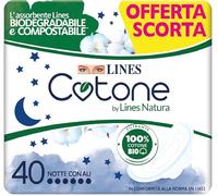 Lines Cotone by Lines Natura notte con Ali, 40 assorbenti in cotone per il giorno, Biodegradabile e Compostabile. Filtrante 100% cotone Bio delicato sulla pelle, formato scorta.