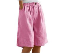 lines cotone, Pantaloncini Donna Estivi Cotone e Lino Shorts Larghi Leggeri Eleganti Comodi Bermuda al Ginocchio Baggy Pantaloni Corti Taglie Forti Pantaloncino con Elastico Vita, Rosa caldo, S