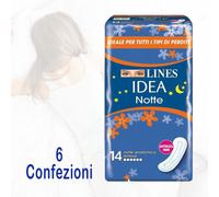 Lines Idea Sottile Notte Anatomico Disteso, 14 assorbenti. Ideale per tutti i tipi di perdite, Assorbenti lunghi per la notte con cuore Lines assorbente, Neutralizza Odori, Ipoallergenico.