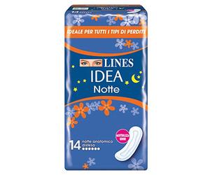 Lines Idea Sottile Notte Anatomico Disteso, 14 assorbenti. Ideale per tutti i tipi di perdite, Assorbenti lunghi per la notte con cuore Lines assorbente, Neutralizza Odori, Ipoallergenico.