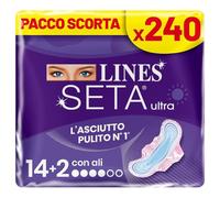 Lines Seta Ultra con Ali, 240 assorbenti giorno con ali a incastro perfetto. Per flussi normali e ipoallergenico. Comfort e asciuttezza con cuore super assorbente, pacco scorta.