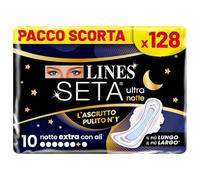 LINES SETA ULTRA EXTRA NOTTE con ali, Pacco scorta da 128 assorbenti per ciclo mestruale, extra protezione per la notte fino a 12 ore, zero odori, Ipoallergenico, cuore lines super assorbente