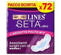 Lines Seta Ultra Lungo con Ali, 72 assorbenti lunghi per il giorno con ali a incastro perfetto. Per flussi intensi e ipoallergenico. Comfort e asciuttezza con cuore super assorbente, pacco scorta.