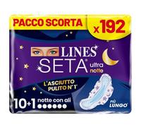 LINES SETA ULTRA NOTTE con ali, Pacco scorta da 192 assorbenti per ciclo mestruale,protezione per la notte, zero odori, Ipoallergenico, cuore lines super assorbente, filtrante seta con fori a imbuto