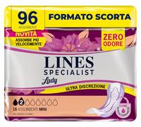 Lines Specialist Lady Mini, Assorbenti per Incontinenza Donna, con Tecnologia Zero Odore e Barriere Laterali Protettive, Scorta Mensile, 6 Confezioni da 16 Unità