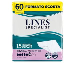 Lines Specialist Traversa 60x90, Traverse Salvaletto per Incontinenza Donna e Uomo, Strato Impermeabile e Antiscivolo, 4 Confezioni da 15 Unità