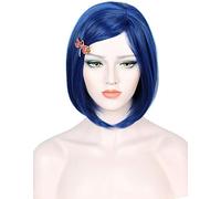 Linfairy Coraline Cosplay Blu Scuro Bob Breve Parrucca Sintetica Liscia con Forcina per Donne Costume Halloween Parrucca Cosplay