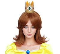 Linfairy Parrucca da principessa rossa marrone con corona anni '60 e '70 retrò da donna, per Halloween, feste, cosplay, cosplay