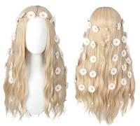 Linfairy Parrucca lunga per anni '70 parrucca lunga bionda ondulata hippie con girasole fascia per Halloween, costume da cosplay per donne feste per donne