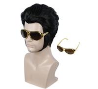 Linfairy Short Slicked Back Parrucca nera con gli occhiali Costume Cosplay Halloween Parrucche per gli uomini