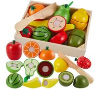 LINFUN KIDS Gioco Cesto Frutta da Tagliare Accessori Cucina Bambini Legno Giocattolo, Giochi Cibo di Simulazione Regalo Ragazzo Ragazza 3 4 5 6 Anni