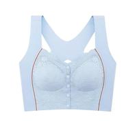 Lingerie Color Blocked Large Elastic Vest Style Without Ring Extended Lower Circumference New Lace Adhesive Front Buckle Underwear Bra Damen bustiers, Azzurro, M