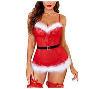 Lingerie Costume Natale Donna - Costume Babbo Natale Sexy Hot Seducente Babydoll Set di Biancheria Intima Lingerie Natalizia Pizzo Vestito Natale Donna Curvy Miss Babbo Natale Cosplay Vestito