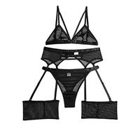 Lingerie da donna in 3 pezzi a rete trasparente, reggiseno a rete e mutandine set con reggicalze sexy tre pezzi babydoll outfit, Nero, S
