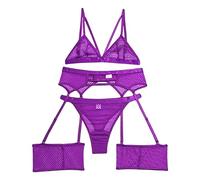 Lingerie da donna in 3 pezzi a rete trasparente, reggiseno a rete e mutandine set con reggicalze sexy tre pezzi babydoll outfit, Viola, S