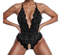 Lingerie da spiaggia da donna sexy con scollo a V intimo morbido intimo intimo in pizzo con cinturino posteriore intimo giunto aderente Body arrotolato in pizzo, Le Noir, XXL
